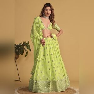 Bewitching Noen Green Zari, Sequins Embroidered Georgette Fabric Lehenga Choli